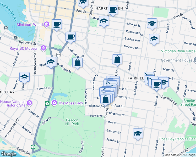 map of restaurants, bars, coffee shops, grocery stores, and more near 1016 Southgate Street in Victoria