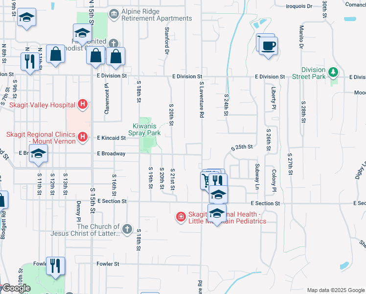 map of restaurants, bars, coffee shops, grocery stores, and more near 2101 East Broadway in Mount Vernon