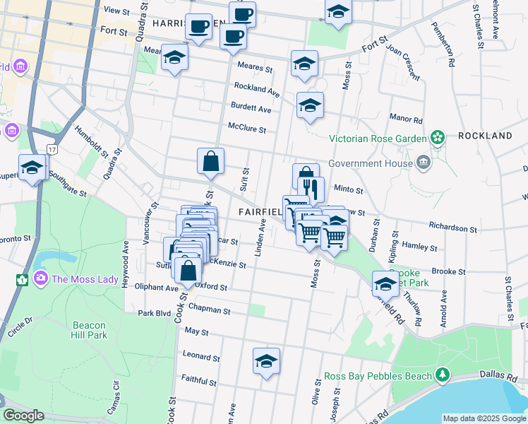 map of restaurants, bars, coffee shops, grocery stores, and more near in Victoria