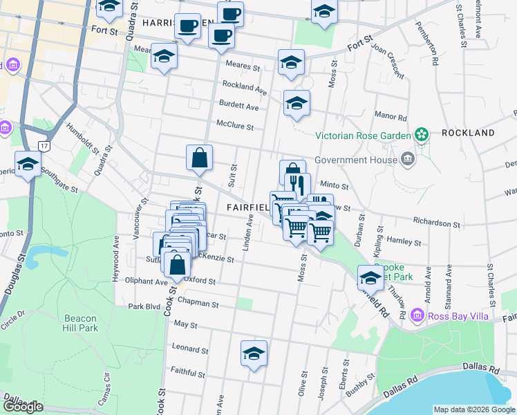 map of restaurants, bars, coffee shops, grocery stores, and more near 516 Harbinger Avenue in Victoria