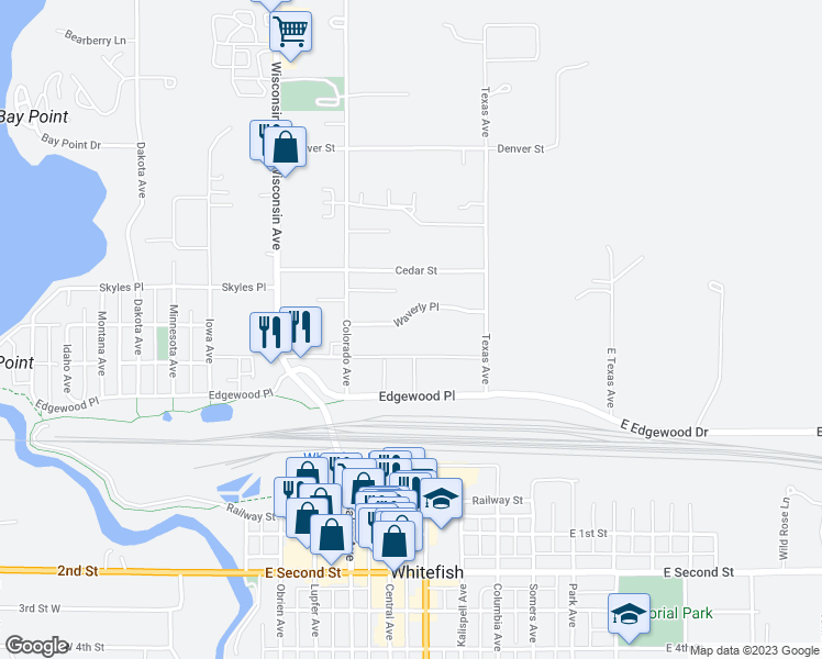map of restaurants, bars, coffee shops, grocery stores, and more near 725 Waverly Place in Whitefish