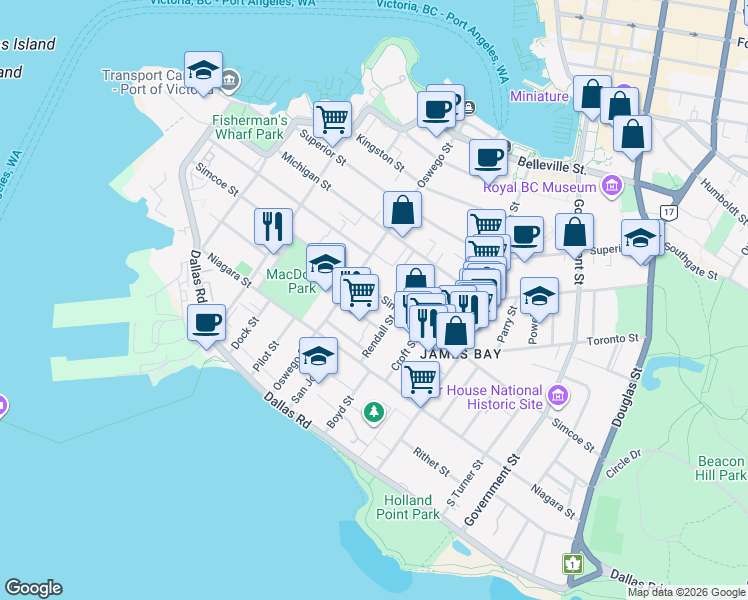 map of restaurants, bars, coffee shops, grocery stores, and more near 321 Simcoe Street in Victoria
