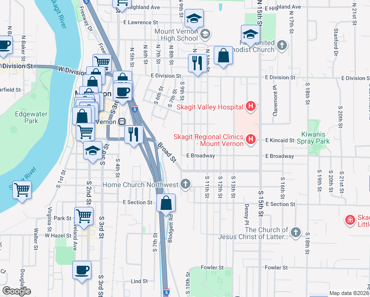 map of restaurants, bars, coffee shops, grocery stores, and more near 814 South 9th Street in Mount Vernon