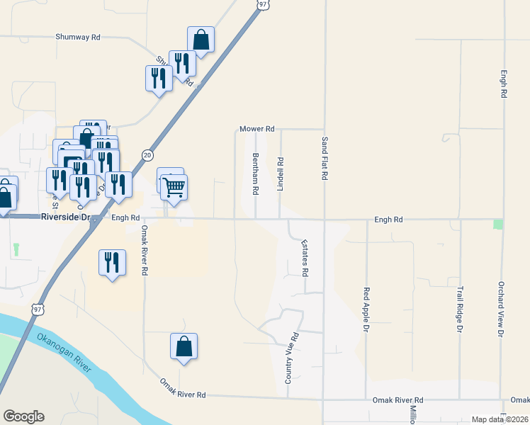 map of restaurants, bars, coffee shops, grocery stores, and more near 2 Bentham Rd in Omak