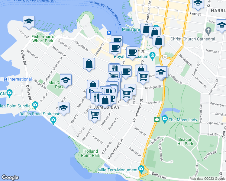 map of restaurants, bars, coffee shops, grocery stores, and more near Menzies Street in Victoria