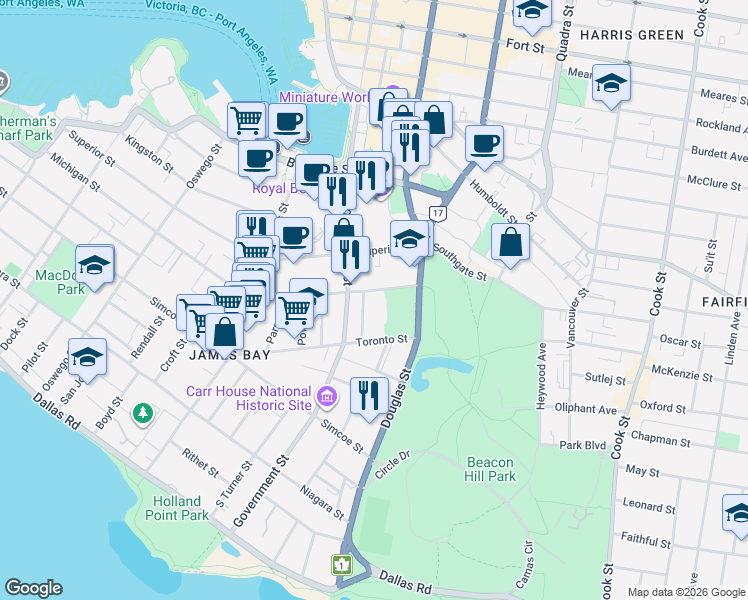 map of restaurants, bars, coffee shops, grocery stores, and more near in Victoria