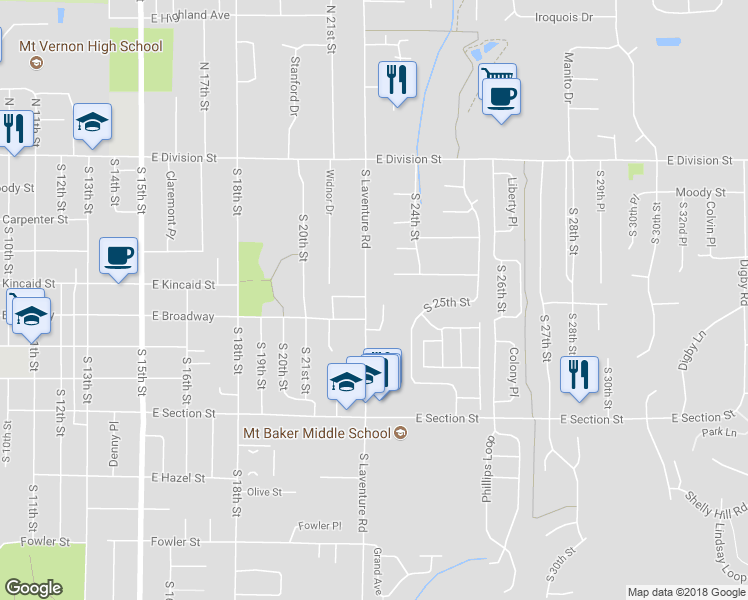 map of restaurants, bars, coffee shops, grocery stores, and more near 803 South 22nd Place in Mount Vernon