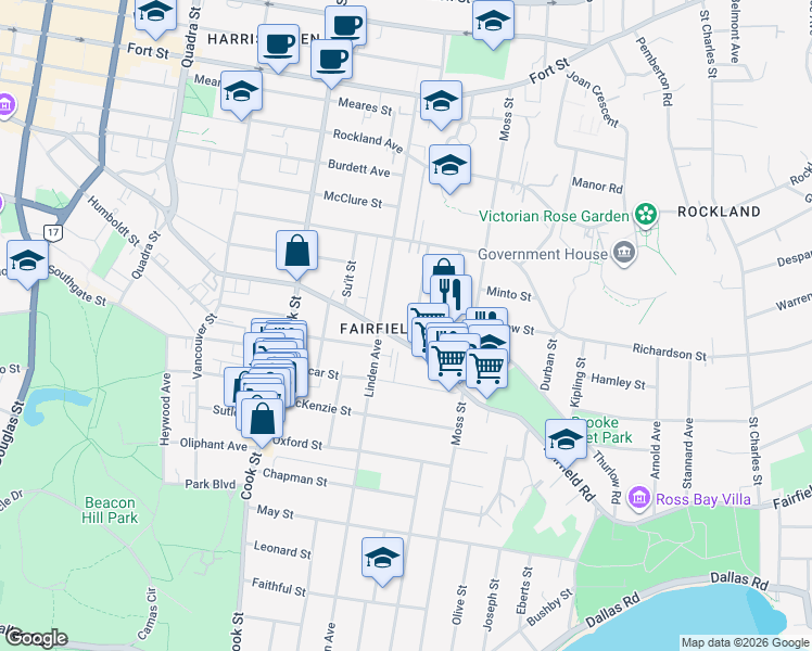 map of restaurants, bars, coffee shops, grocery stores, and more near 516 Harbinger Avenue in Victoria