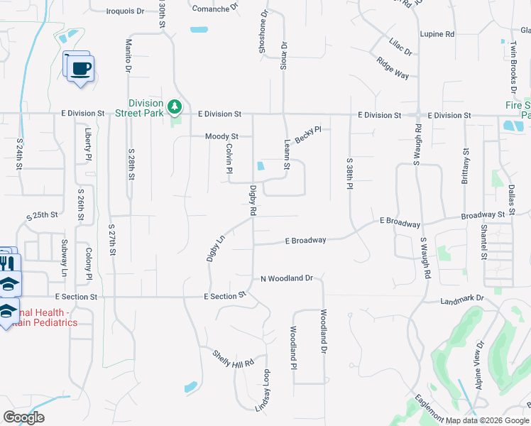 map of restaurants, bars, coffee shops, grocery stores, and more near 3413 Terra Lane in Mount Vernon