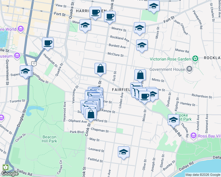 map of restaurants, bars, coffee shops, grocery stores, and more near 451 Chester Avenue in Victoria