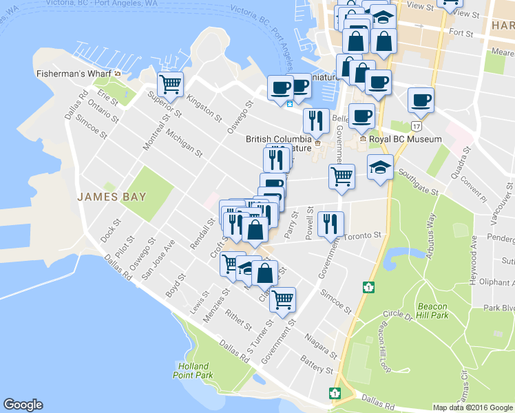 map of restaurants, bars, coffee shops, grocery stores, and more near 481 Michigan Street in Victoria