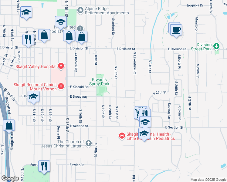 map of restaurants, bars, coffee shops, grocery stores, and more near 511 South 20th Street in Mount Vernon