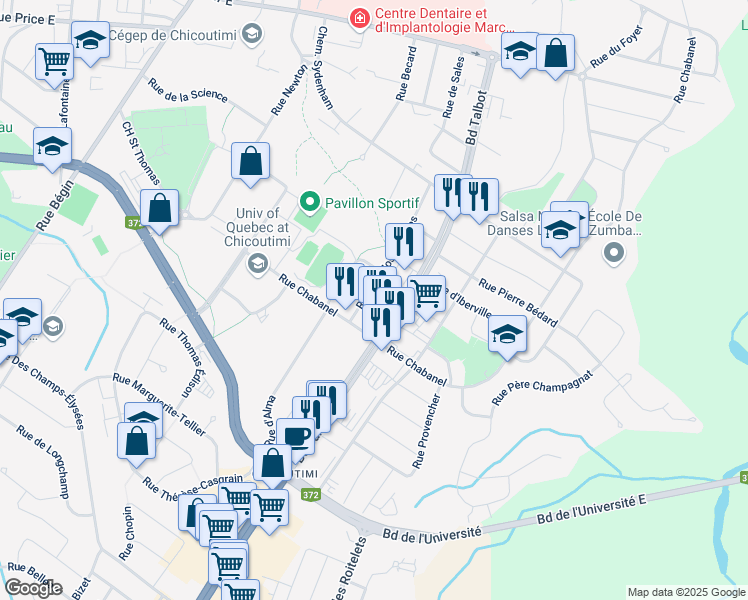 map of restaurants, bars, coffee shops, grocery stores, and more near 763 Rue des Hospitalières in Saguenay