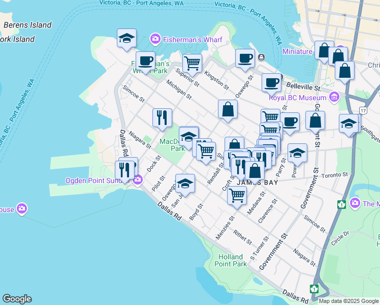 map of restaurants, bars, coffee shops, grocery stores, and more near 140 Oswego Street in Victoria
