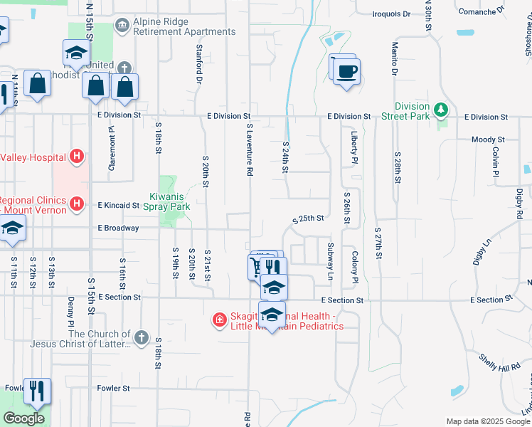 map of restaurants, bars, coffee shops, grocery stores, and more near 803 South 22nd Place in Mount Vernon