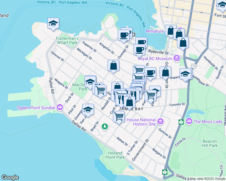 map of restaurants, bars, coffee shops, grocery stores, and more near 356 Simcoe Street in Victoria