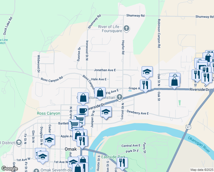 map of restaurants, bars, coffee shops, grocery stores, and more near 205 Grape Avenue East in Omak