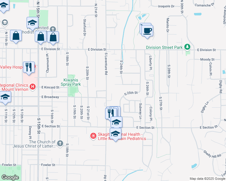 map of restaurants, bars, coffee shops, grocery stores, and more near 800 South 22nd Place in Mount Vernon