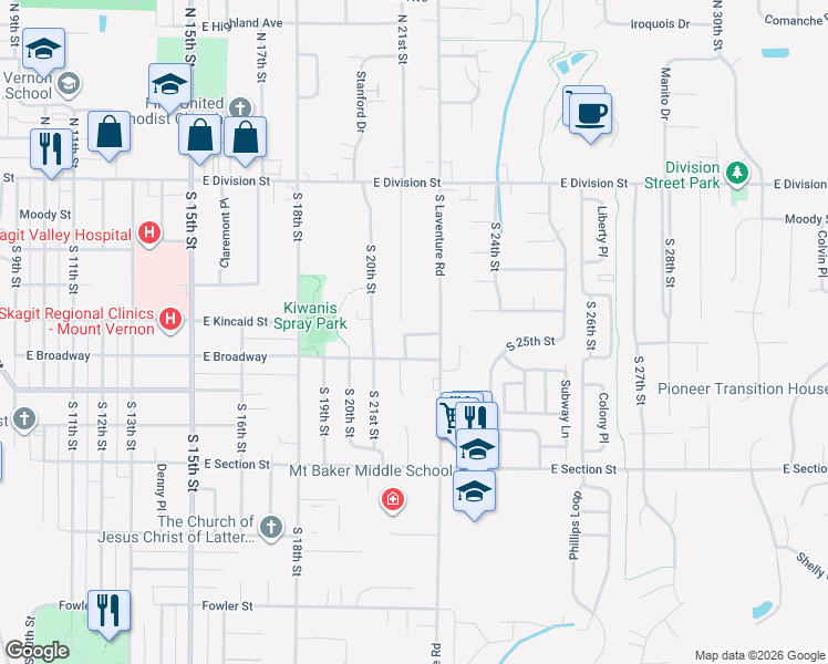 map of restaurants, bars, coffee shops, grocery stores, and more near 2101 East Broadway in Mount Vernon