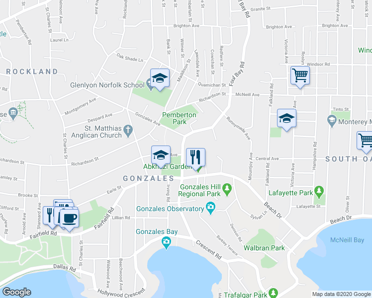map of restaurants, bars, coffee shops, grocery stores, and more near 527 Foul Bay Road in Victoria