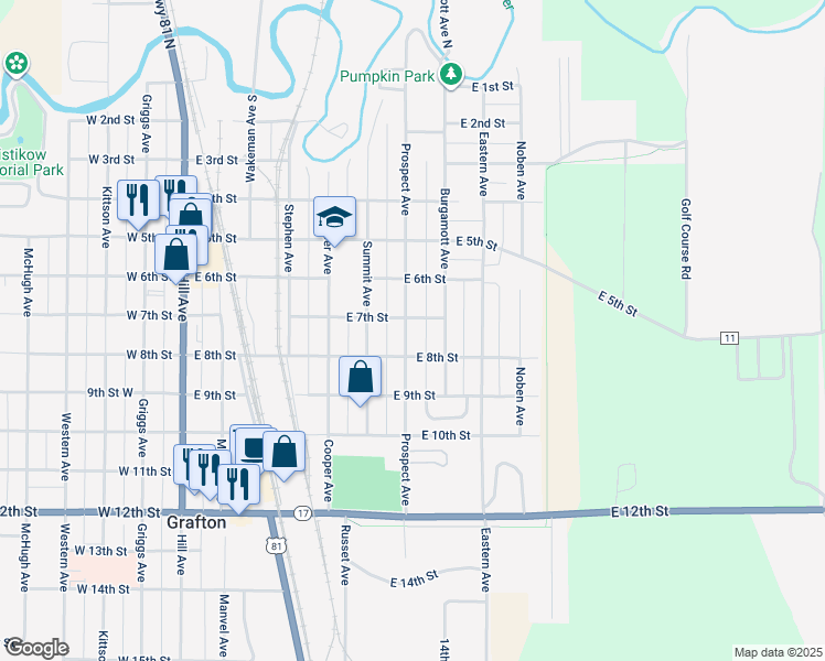 map of restaurants, bars, coffee shops, grocery stores, and more near 714 Prospect Avenue in Grafton
