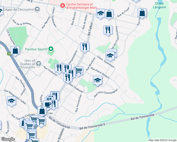 map of restaurants, bars, coffee shops, grocery stores, and more near 739 Rue Murdock in Saguenay