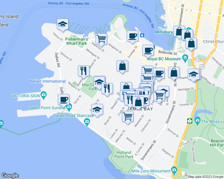 map of restaurants, bars, coffee shops, grocery stores, and more near 321 Simcoe Street in Victoria