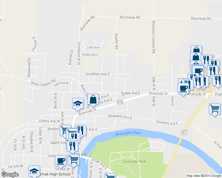map of restaurants, bars, coffee shops, grocery stores, and more near 375 Grape Avenue East in Omak