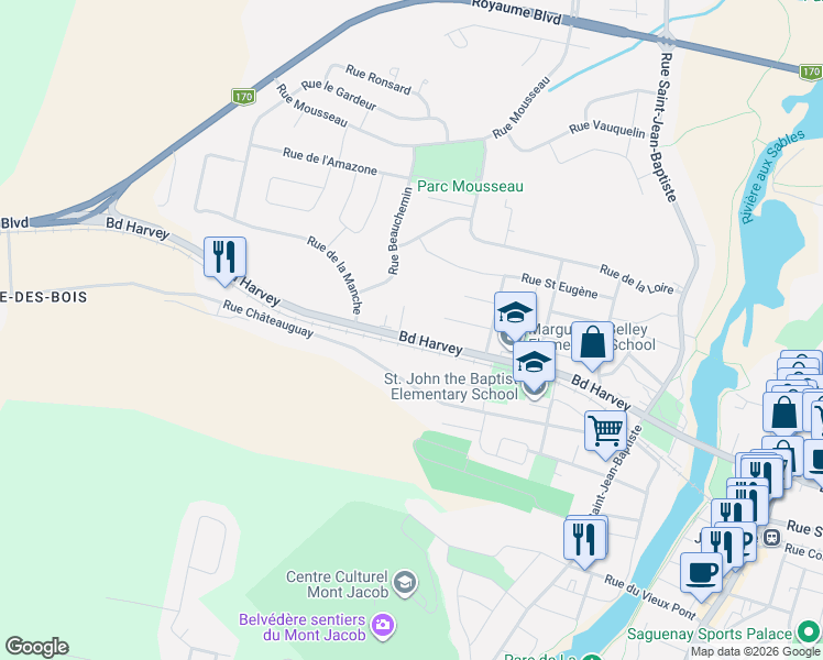 map of restaurants, bars, coffee shops, grocery stores, and more near 4156 Boulevard Harvey in Saguenay
