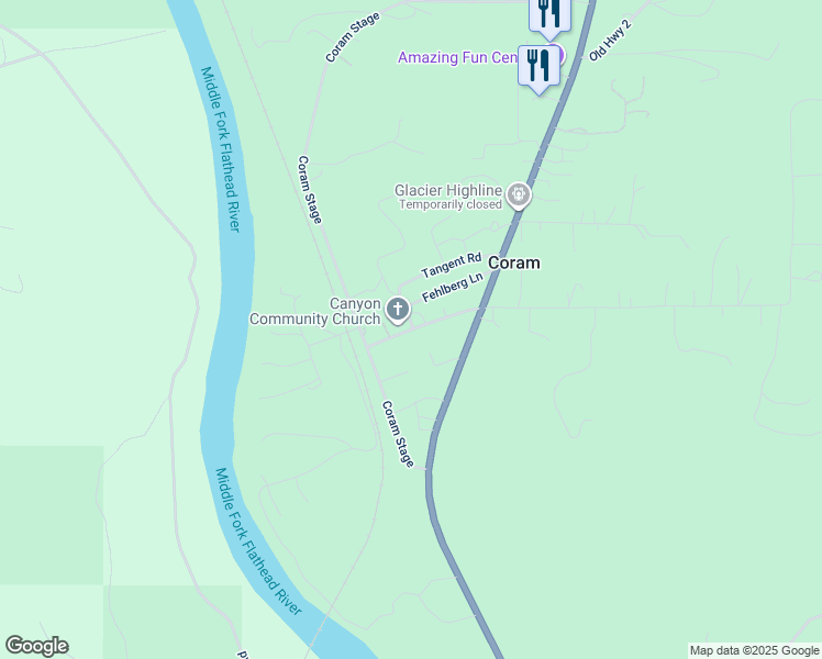 map of restaurants, bars, coffee shops, grocery stores, and more near 201 Coram School Lane in Columbia Falls