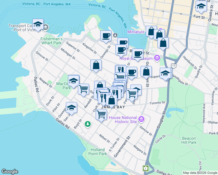 map of restaurants, bars, coffee shops, grocery stores, and more near 435 Michigan Street in Victoria
