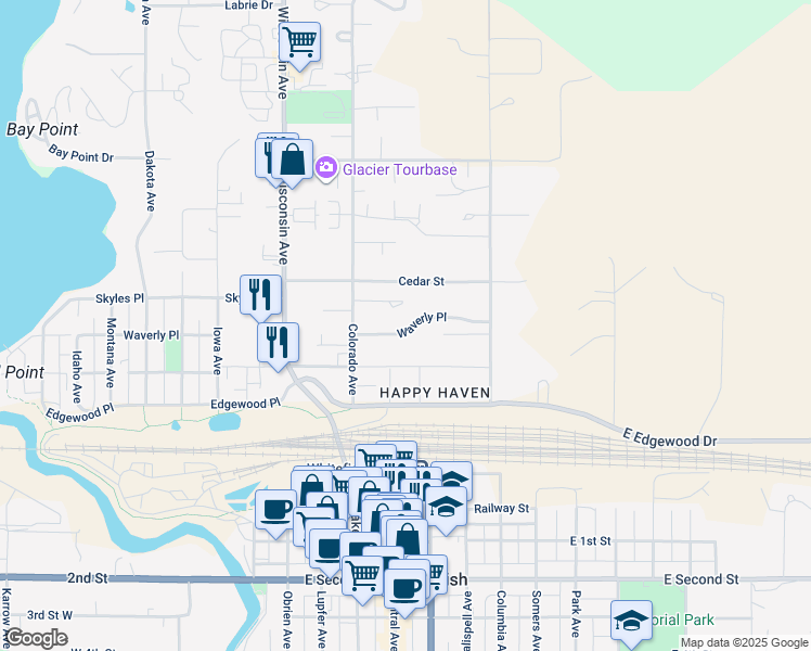 map of restaurants, bars, coffee shops, grocery stores, and more near 725 Waverly Place in Whitefish