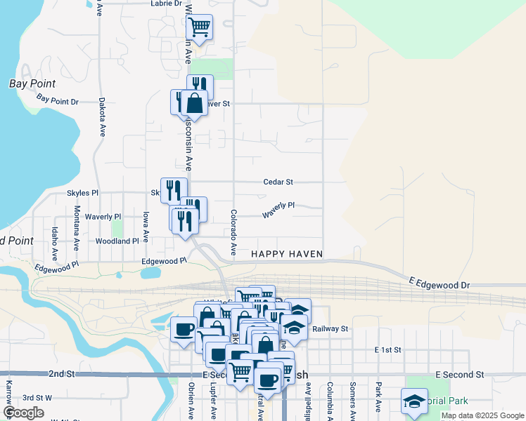 map of restaurants, bars, coffee shops, grocery stores, and more near 725 Waverly Place in Whitefish