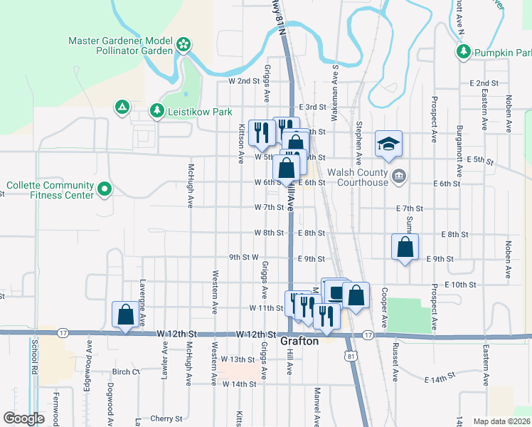 map of restaurants, bars, coffee shops, grocery stores, and more near 725 Griggs Avenue in Grafton
