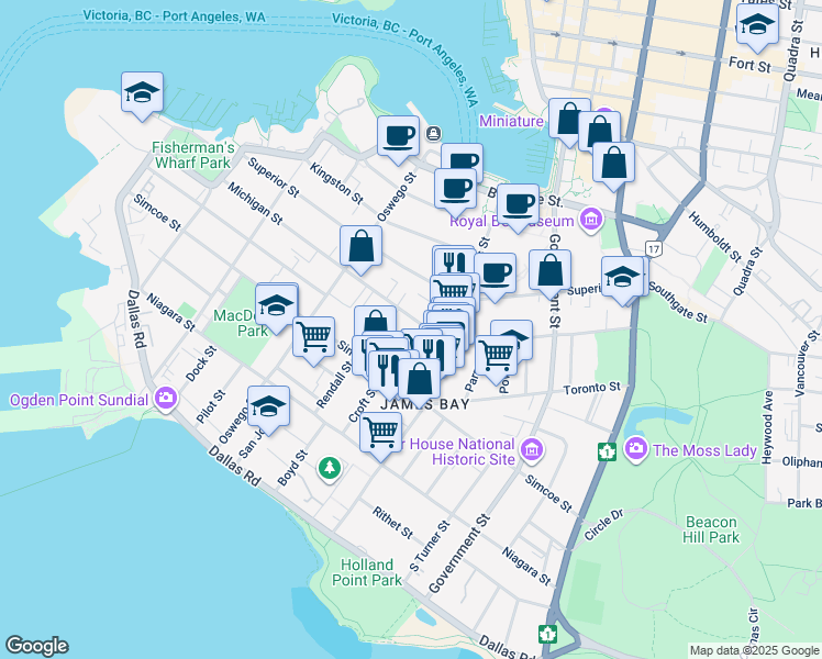 map of restaurants, bars, coffee shops, grocery stores, and more near 435 Michigan Street in Victoria