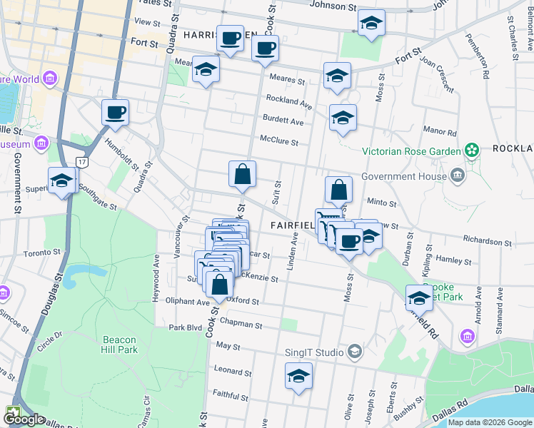 map of restaurants, bars, coffee shops, grocery stores, and more near 463 Chester Avenue in Victoria