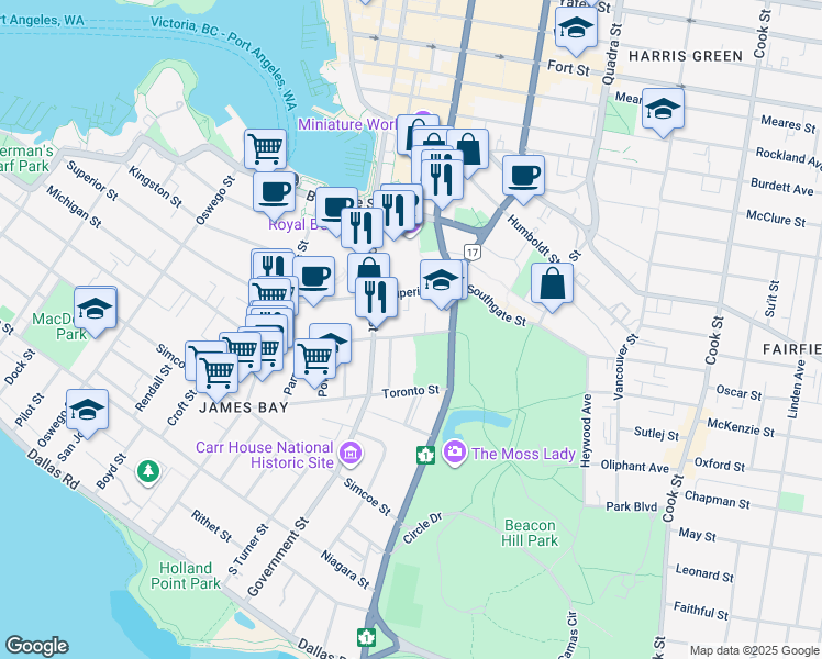 map of restaurants, bars, coffee shops, grocery stores, and more near in Victoria
