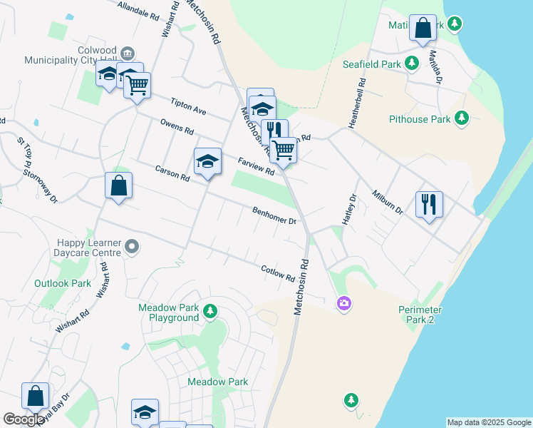 map of restaurants, bars, coffee shops, grocery stores, and more near 323 Benhomer Drive in Victoria