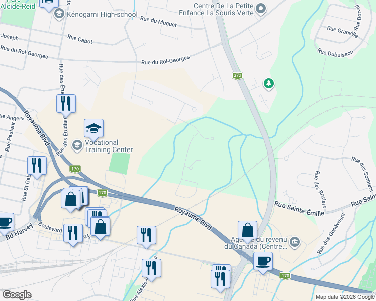 map of restaurants, bars, coffee shops, grocery stores, and more near Rue des Quatre-Temps in Saguenay