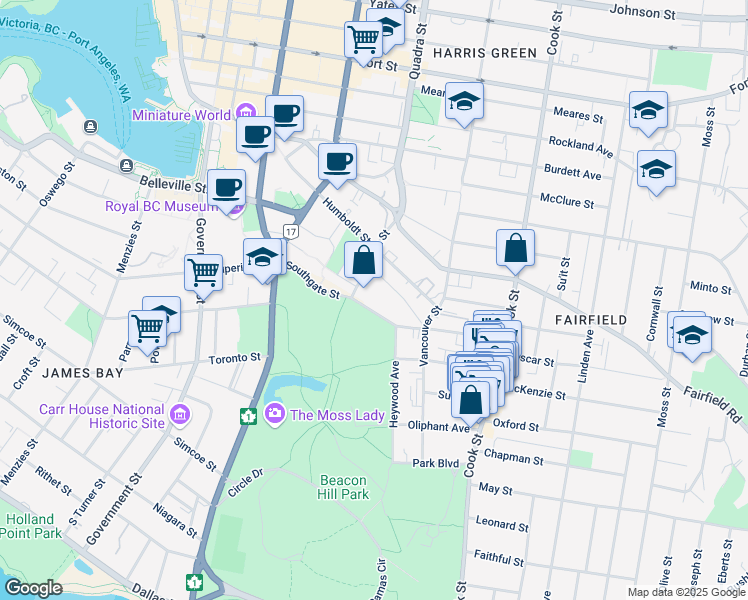 map of restaurants, bars, coffee shops, grocery stores, and more near 906 Southgate Street in Victoria