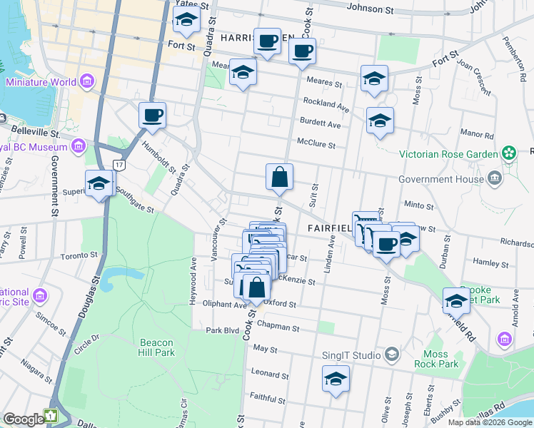 map of restaurants, bars, coffee shops, grocery stores, and more near 1060 Pakington Street in Victoria