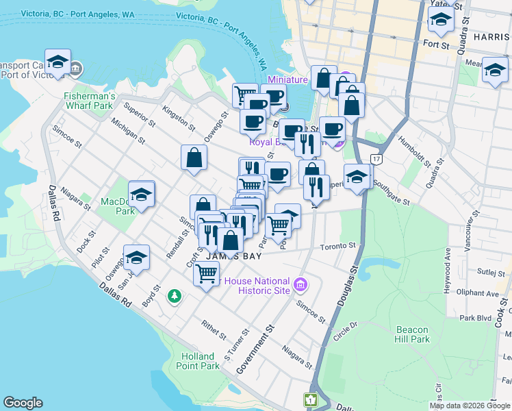 map of restaurants, bars, coffee shops, grocery stores, and more near 355 Menzies Street in Victoria