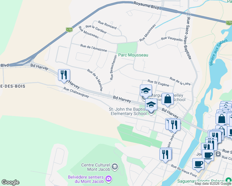 map of restaurants, bars, coffee shops, grocery stores, and more near 4156 Boulevard Harvey in Saguenay