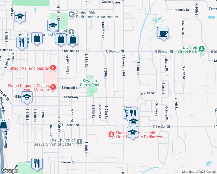 map of restaurants, bars, coffee shops, grocery stores, and more near 511 South 20th Street in Mount Vernon