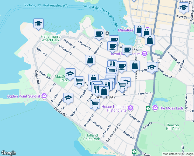 map of restaurants, bars, coffee shops, grocery stores, and more near 435 Michigan Street in Victoria