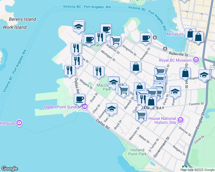 map of restaurants, bars, coffee shops, grocery stores, and more near 212 Niagara Street in Victoria