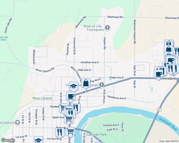 map of restaurants, bars, coffee shops, grocery stores, and more near 205 Grape Avenue East in Omak