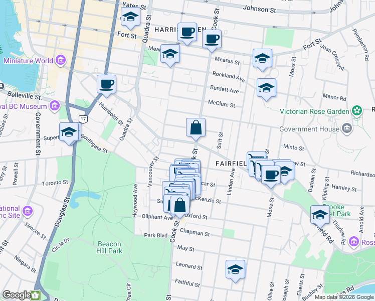 map of restaurants, bars, coffee shops, grocery stores, and more near in Victoria