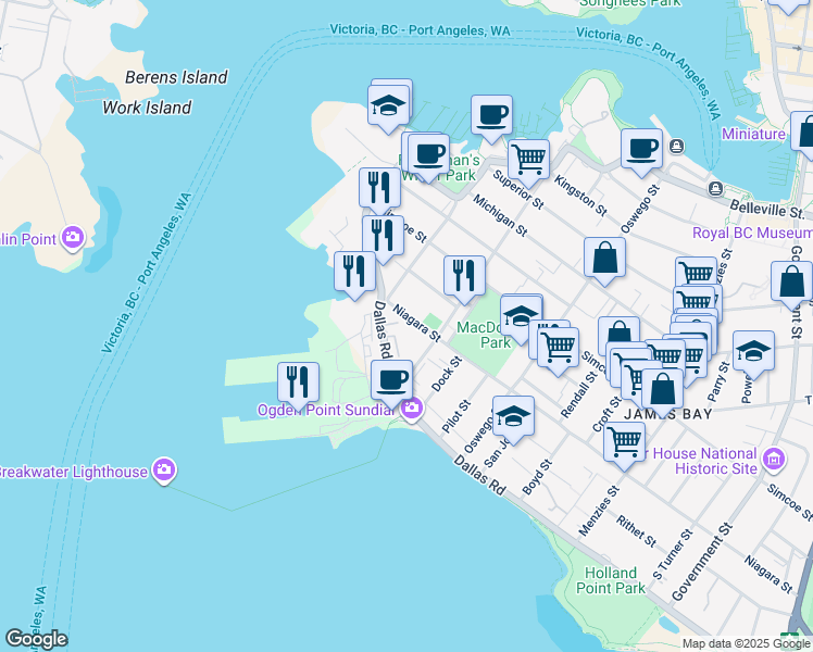 map of restaurants, bars, coffee shops, grocery stores, and more near 123 Niagara Street in Victoria