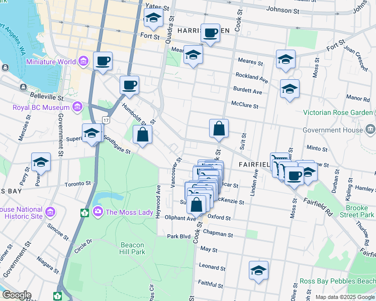map of restaurants, bars, coffee shops, grocery stores, and more near 1016 Southgate Street in Victoria